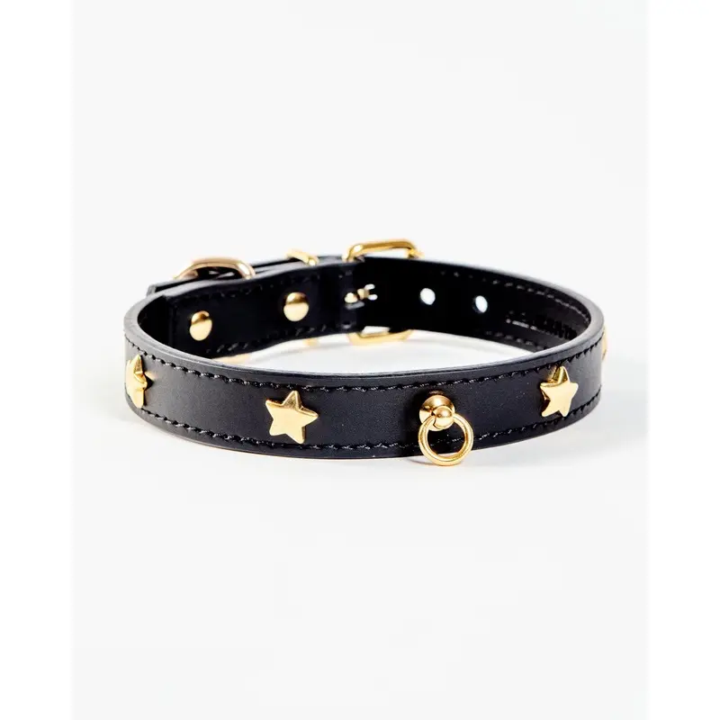 Black Nara Leather Dog Collar with Brass Stars (Made in Italy)