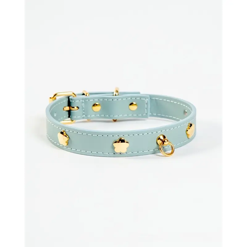 Sky Blue Nara Leather Dog Collar with Brass Flowers (Made in Italy)