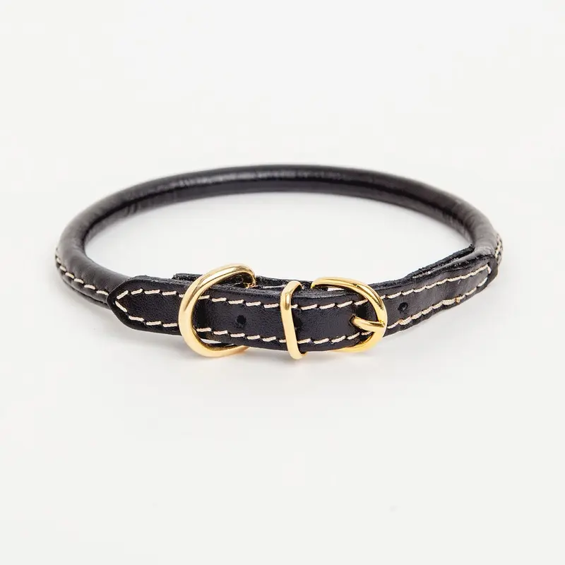 Italian Rolled Leather Dog Collar in Black