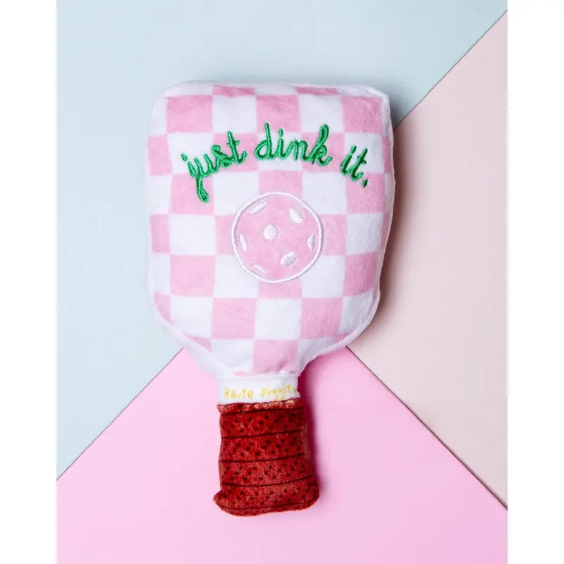 Pink Check Pickleball Paddle Plush Squeaky Dog Toy