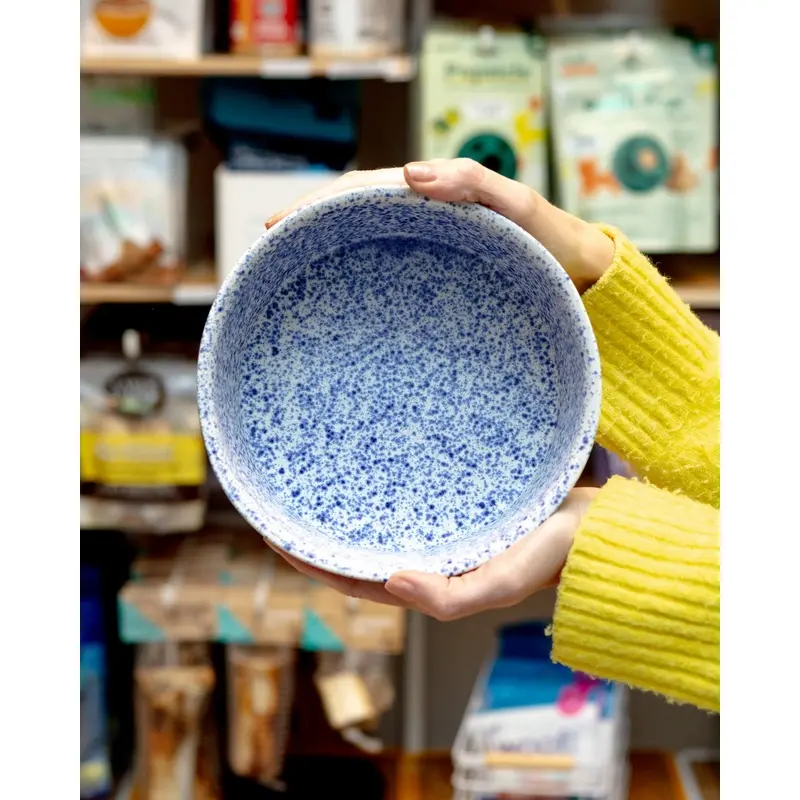 Handmade Ceramic Dog Bowl in Blue Speckle (Made in the USA)
