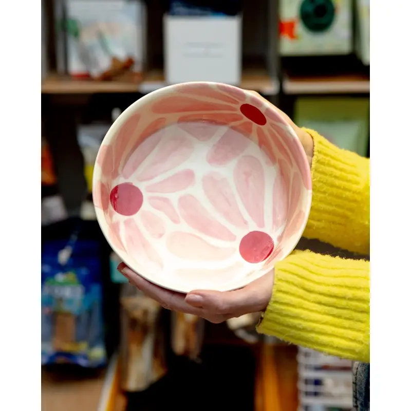 Handmade Ceramic Dog Bowl in Pink & Red Retro Flower (Made in the USA)