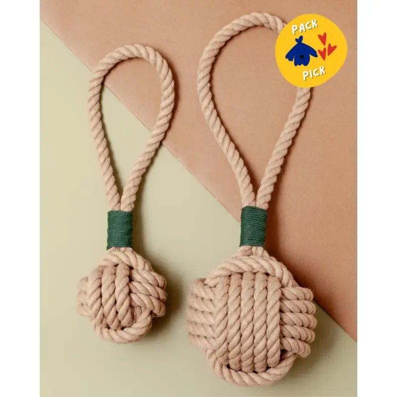 Monkey Fist Rope Dog Toy in Tan with Forest Green Whipping (Made in the USA)