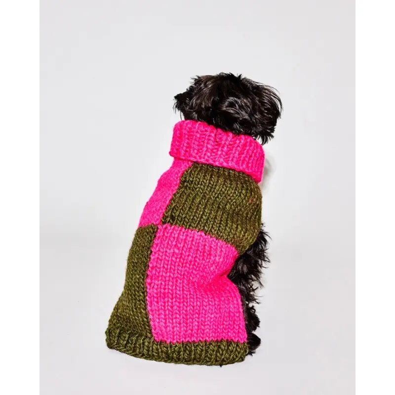 Hand Knit Checkered Wool Dog Sweater (Pink & Green) (FW24LO)