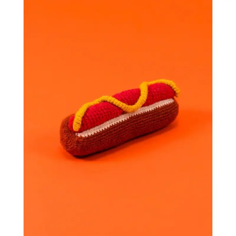 Hand Knit Hot Dog Dog Toy