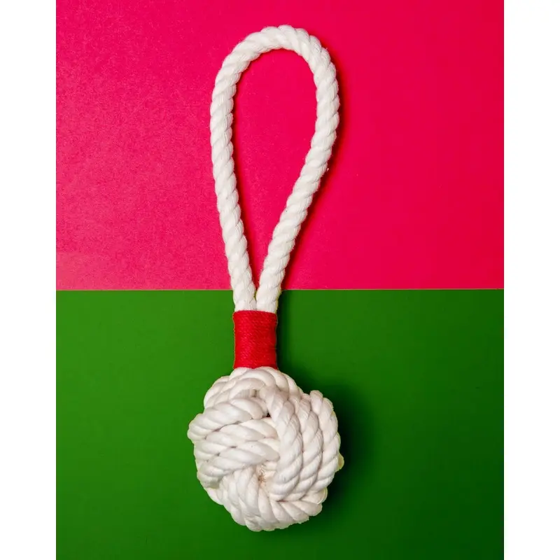 Monkey Fist Rope Dog Toy in White with Red Whipping (Made in the USA)