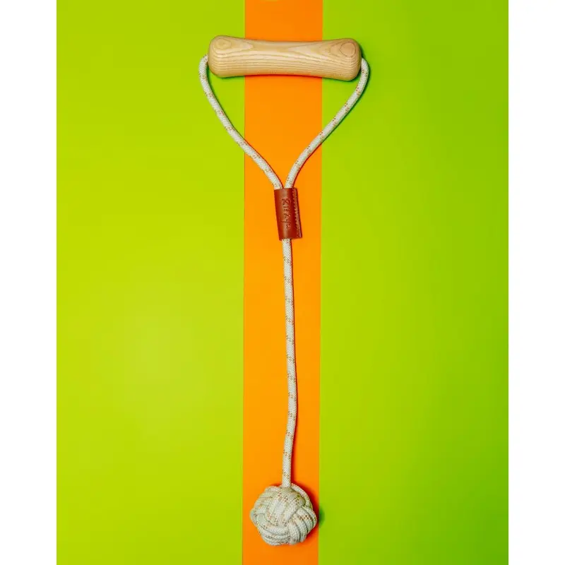 Ash Wood Handle + Rope Ball Dog Toy
