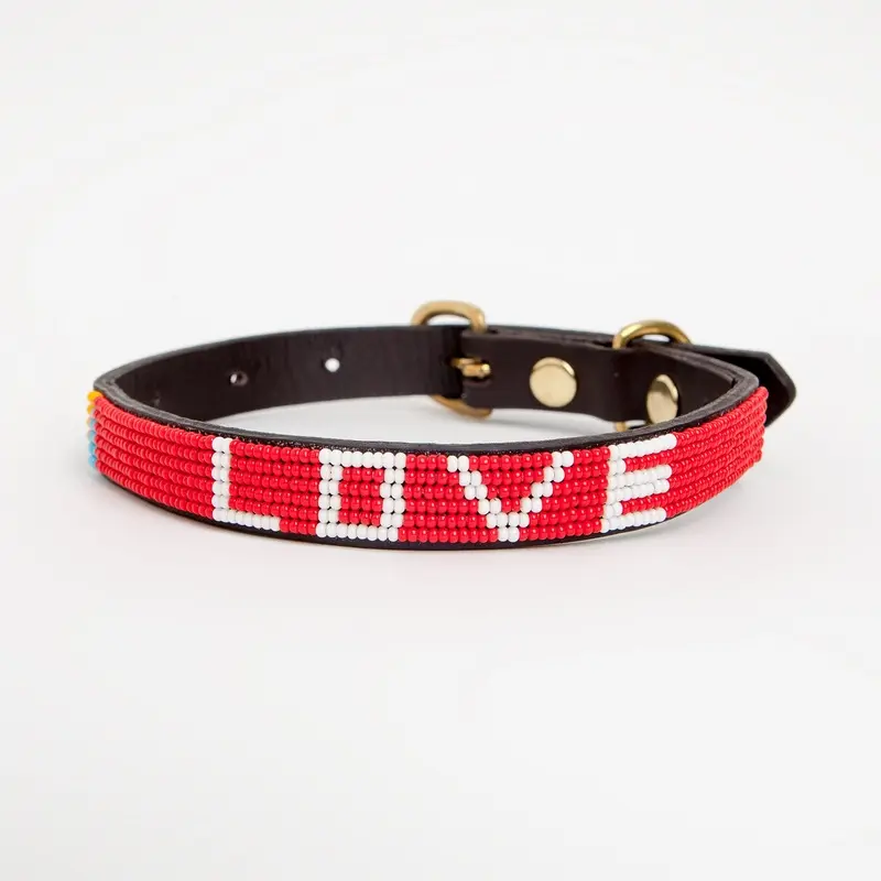 Red Beaded Love Dog Collar