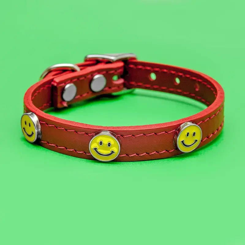 Happy Face Leather Collar in Red