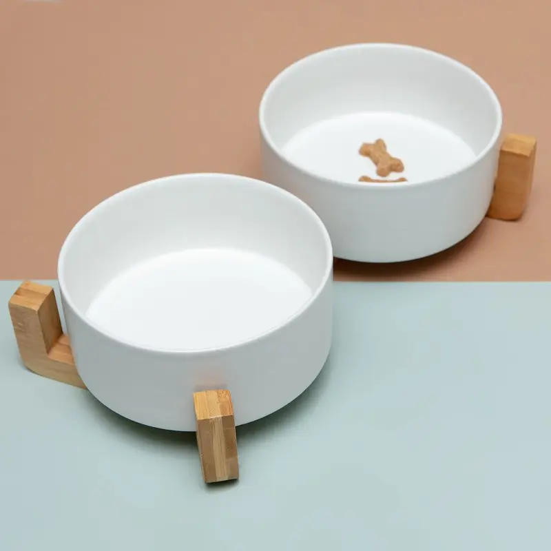 Double Bowl + Stand Feeder in Eggshell and Bamboo