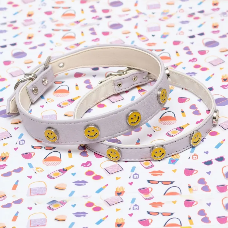 Smiley Face Vegan Leather Dog Collar in Lightest Lilac (Made in the USA) << FINAL SALE >>