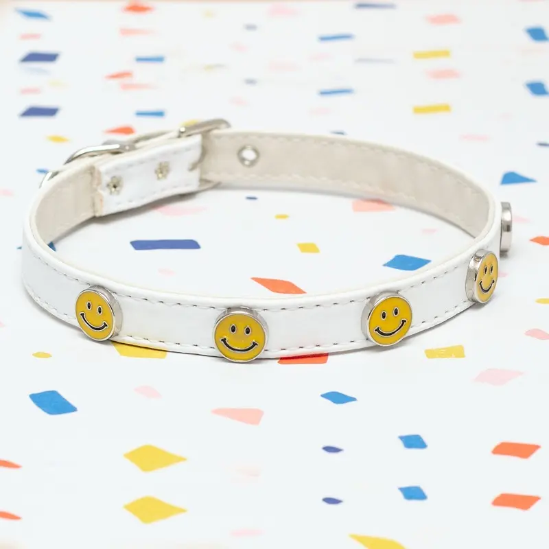 Smiley Face Vegan Leather Dog Collar in White (Made in the USA)