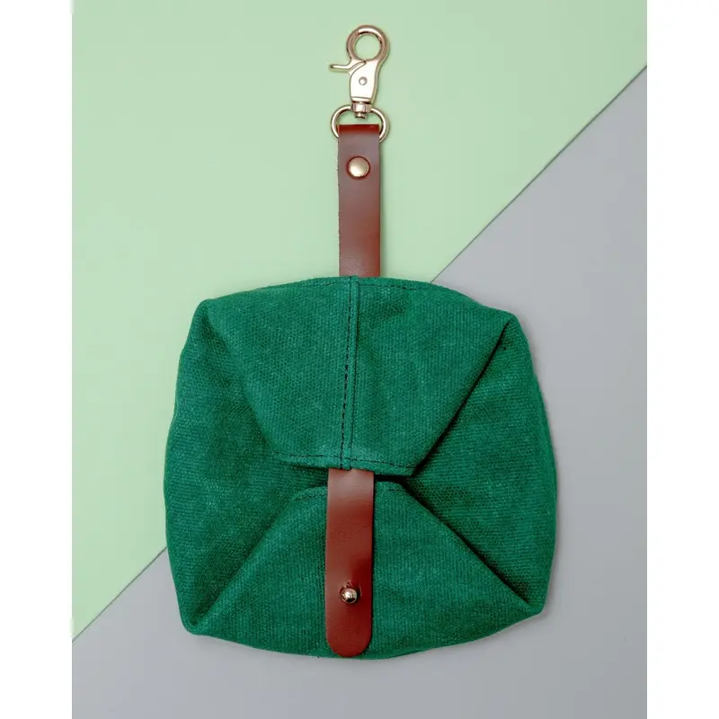 Waxed Canvas and Vegan Leather Dog Travel Bowl in Green(FINAL SALE)