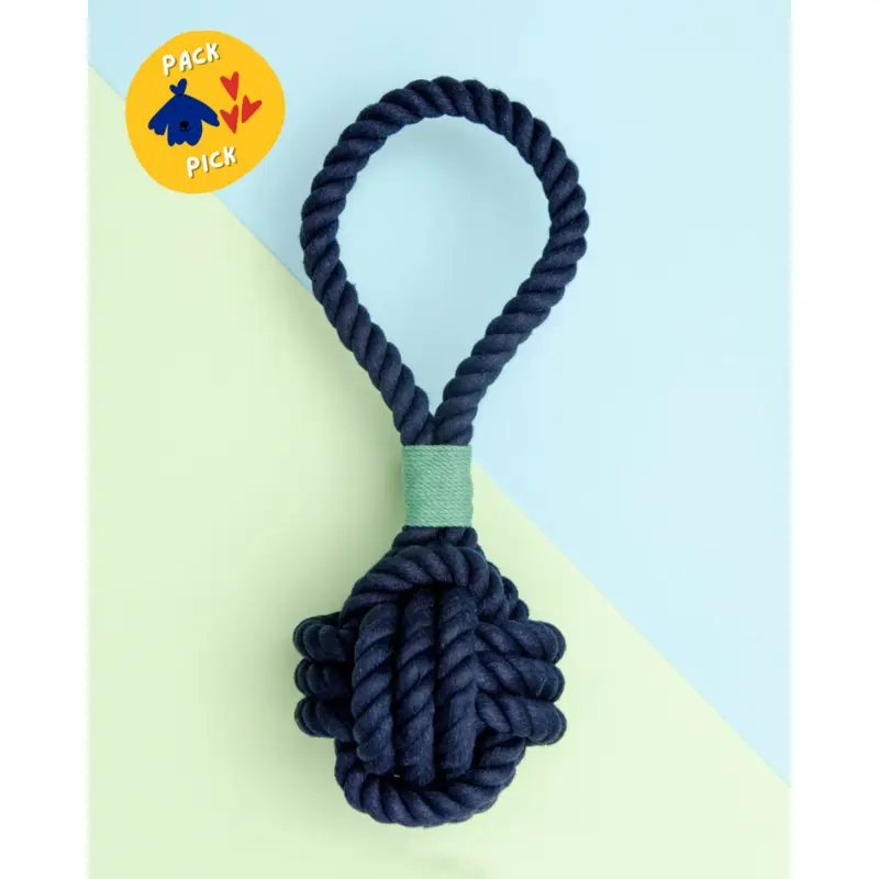 Monkey Fist Rope Dog Toy in Navy with Green Whipping (Made in the USA)