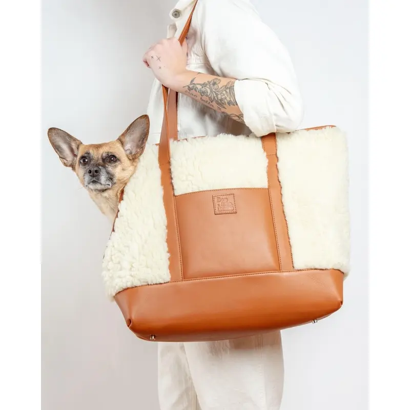 Tan Leather & Cream Shearling Luxe Dog Carrier (Dog & Co. Exclusive) (CLEARANCE)