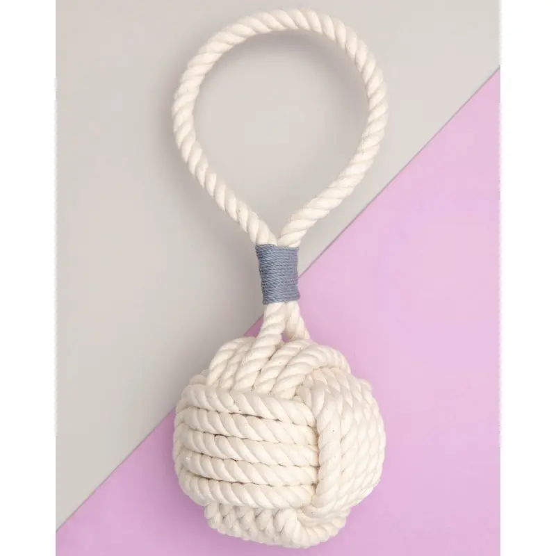 Monkey Fist Rope Dog Toy in White with Grey Whipping (Made in the USA)