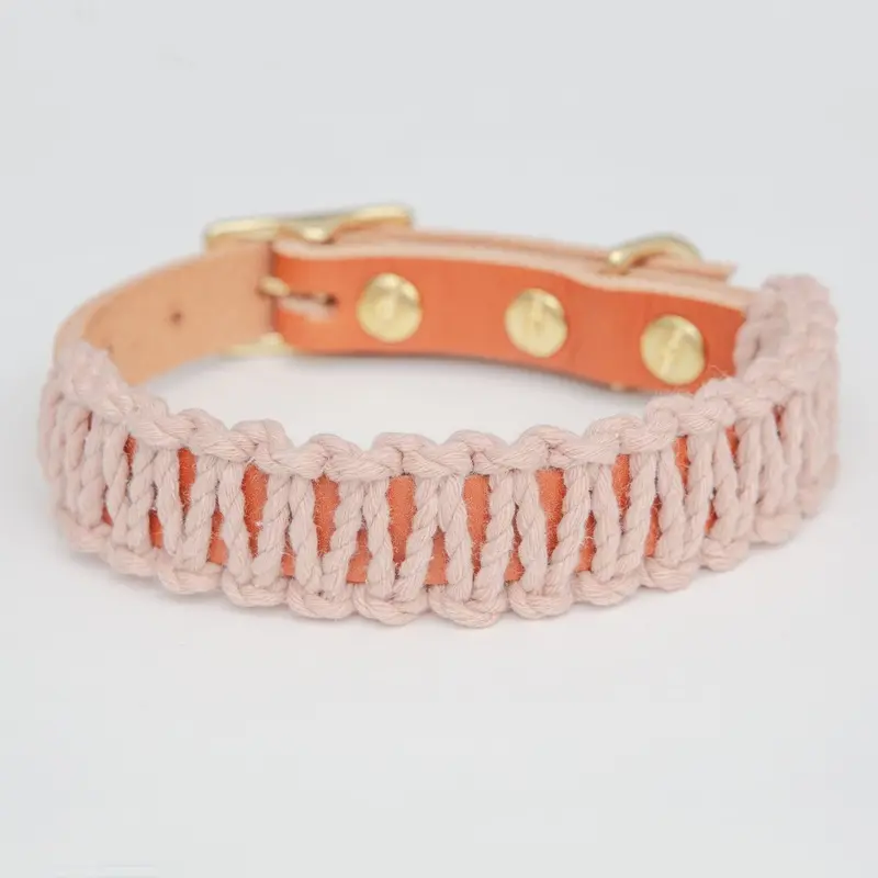 Macrame & Leather Dog Collar in Blush w/ Caramel (Made in the USA) (CLEARANCE)