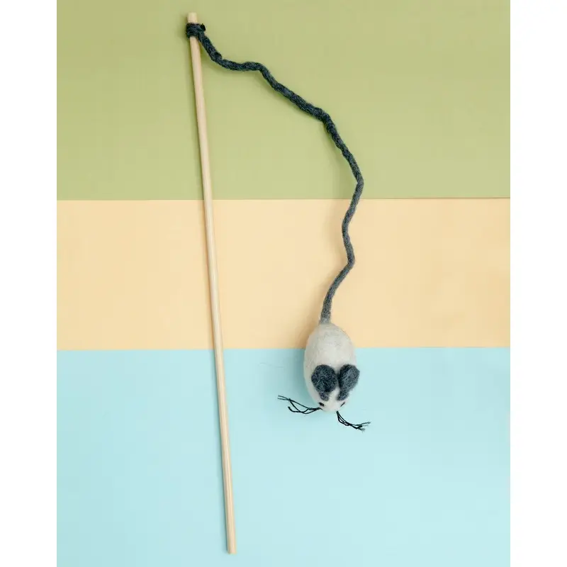 Mouse Cat Teaser Wand in Grey & White