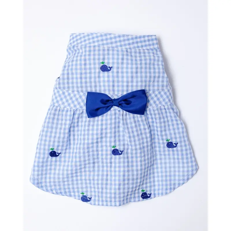 Seersucker Gingham Dog Dress with Embroidered Whales (CLEARANCE)