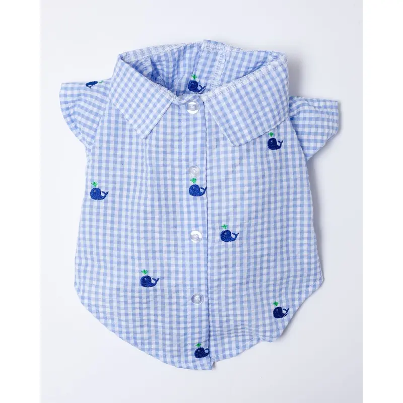 Seersucker Gingham Dog Shirt with Embroidered Whales (FINAL SALE)