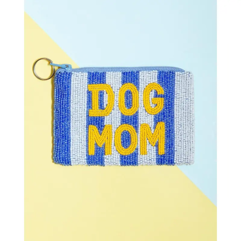 Dog Mom Beaded Coin Purse in Blue & White Stripe
