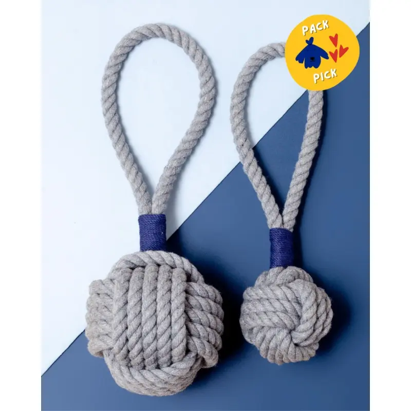 Monkey Fist Rope Dog Toy in Gray with Navy Whipping (Made in the USA)