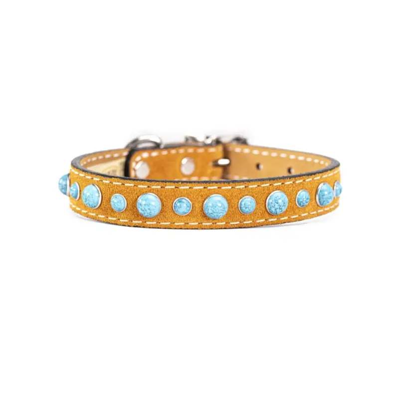 Cabachon Turquoise Dog Collar in Tan Suede (Made in the USA)