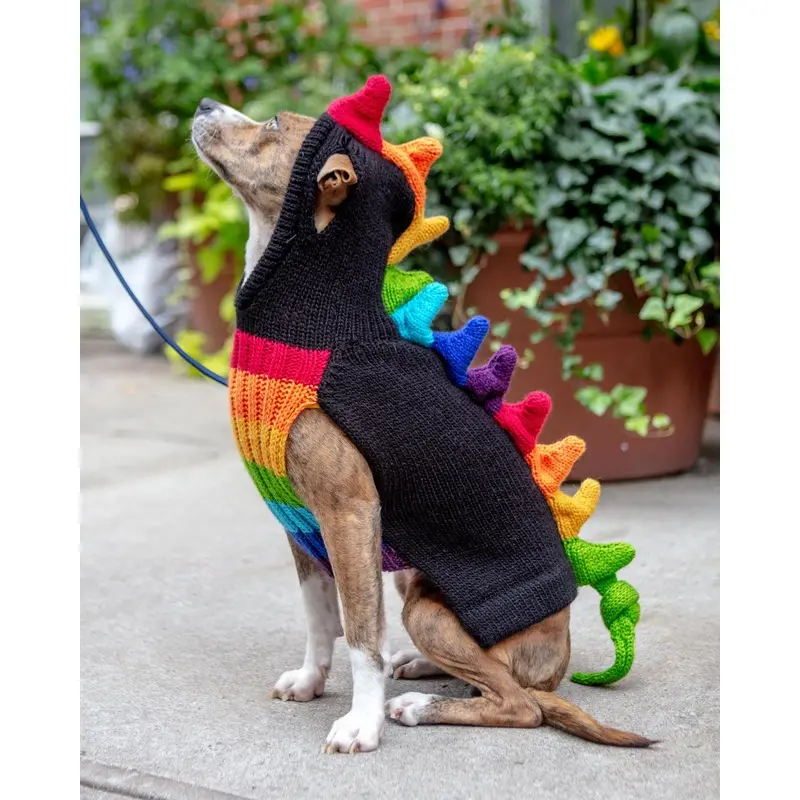 Rainbow Dragon Handknit Dog Sweater w/ Hood