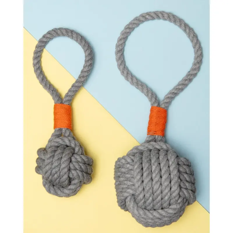 Monkey Fist Rope Dog Toy in Gray with Orange Whipping (Made in the USA)