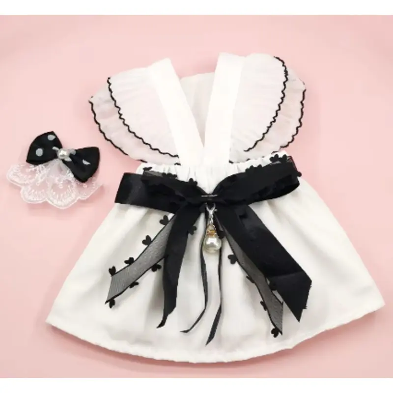 Fancy White Dress with Black Ribbon and Matching Bow