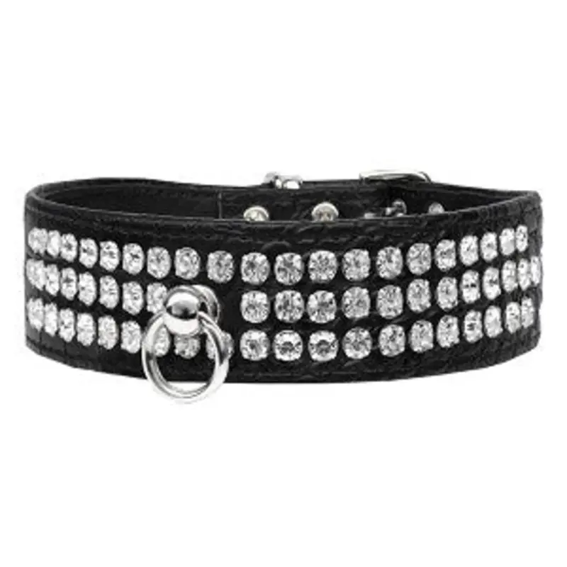 Three Row Rhinestone Designer Croc Dog Collar in Black