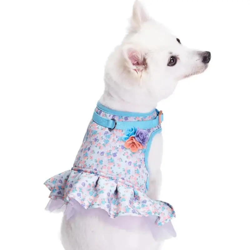 Floral Print Dog Harness Dress with Purple Tulle