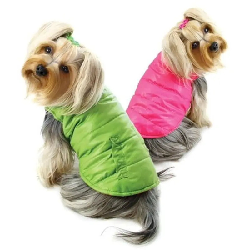 Reversible Parka Vest with Ruffle Trims - Lime-Pink