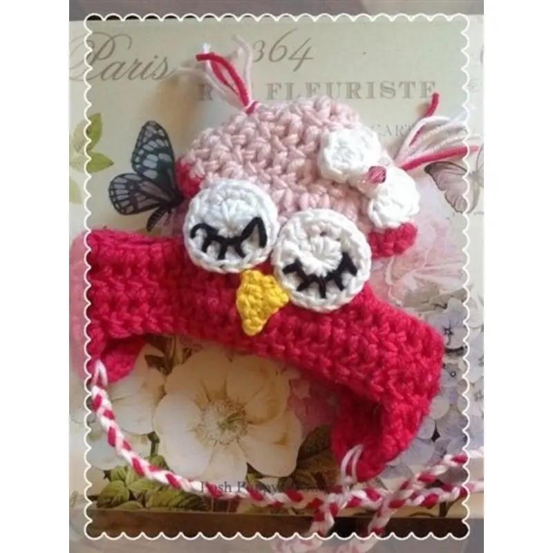 Couture Knit Hat- Closed-Eyes Owl in Bright Pink-Light Pink