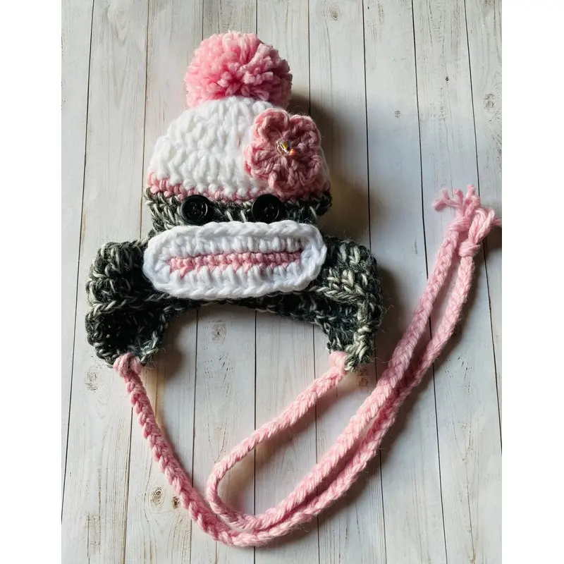 Couture Knit Hat- Pink Sock Monkey with Flower