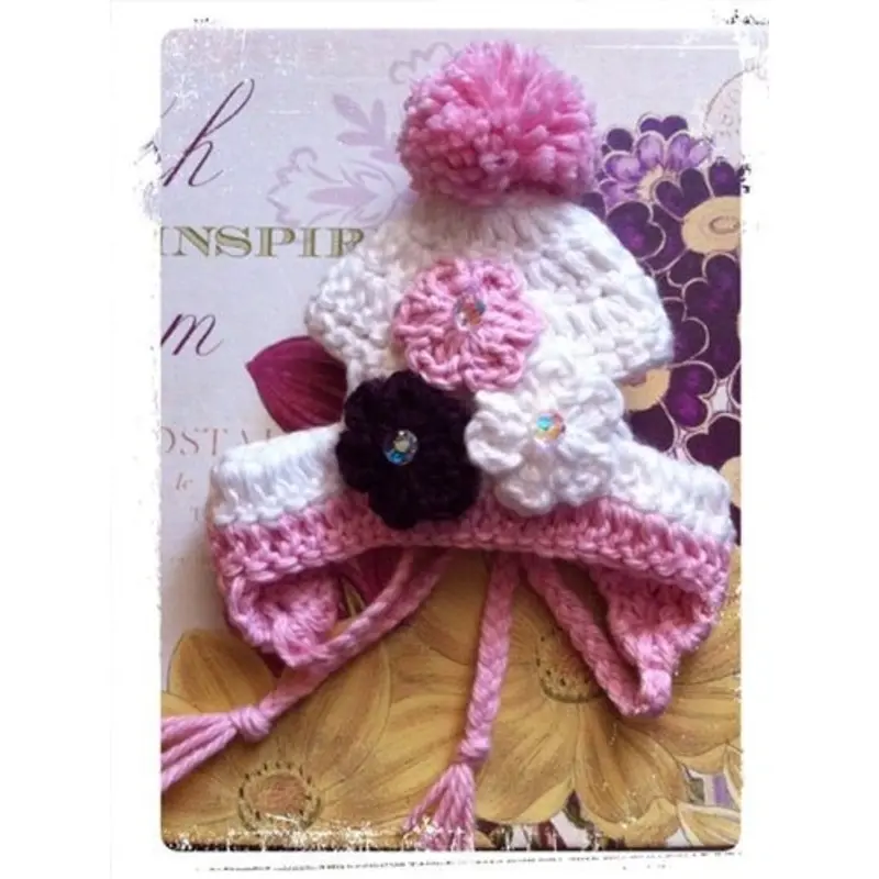 Couture Knit Hat- Three Flowers Crochet with Swarovski Crystals