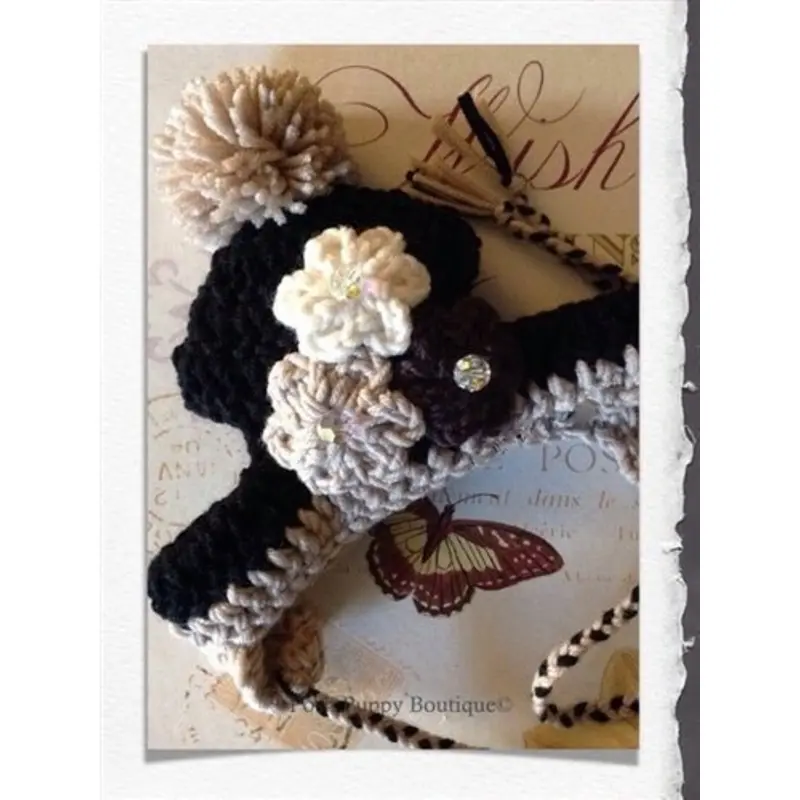 Couture Knit Hat- Three Flowers with Swarovski Crystals- Black-White-Beige
