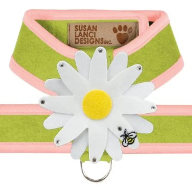 Susan Lanci Two Tone Lime Tinkie Harness with Puppy Pink Trim with Daisy