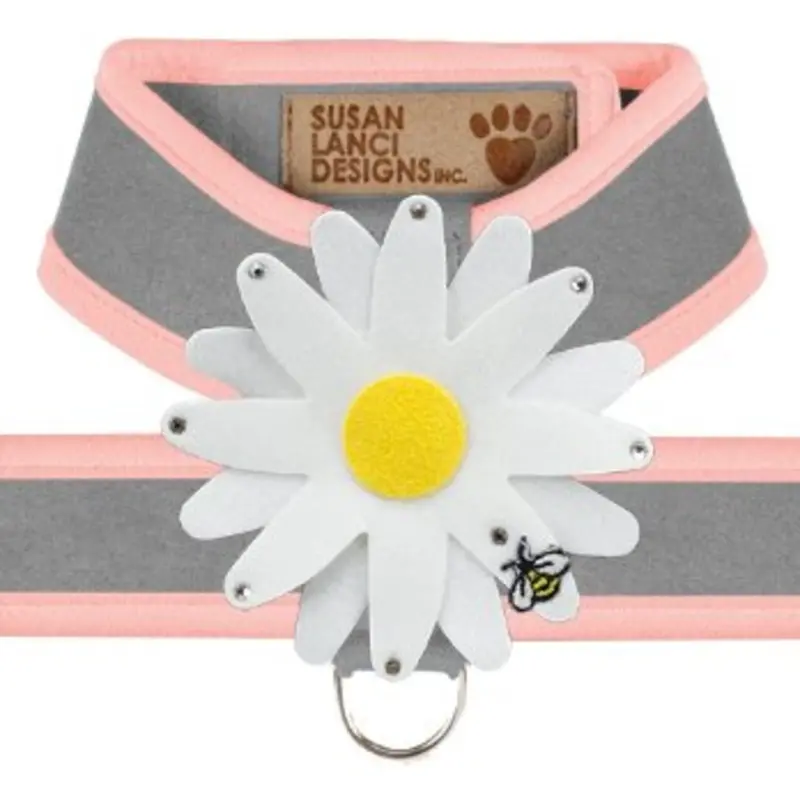 Susan Lanci Two Tone Platinum Tinkie Harness with Puppy Pink Trim with Daisy