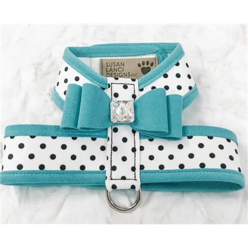 Susan Lanci Two Tone Polka Dot Big Bow Tinkie Harness in Bimini Blue