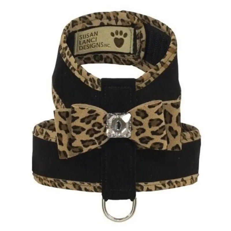 Susan Lanci Two Tone Big Bow Tinkie Harness in Black with Cheetah Trim