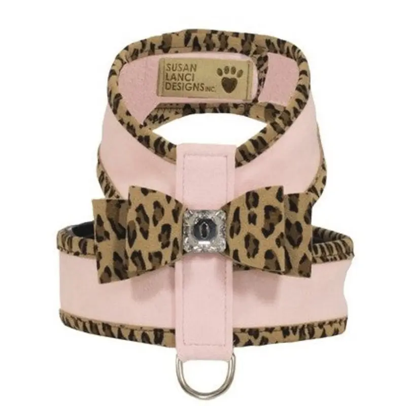 Susan Lanci Two Tone Big Bow Tinkie Harness in Puppy Pink with Cheetah Trim
