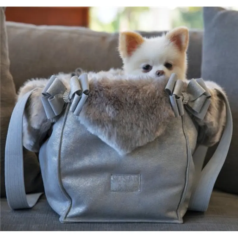 Platinum Glitzerati Double Nouveau Bow Luxury Carrier with Fur Trim