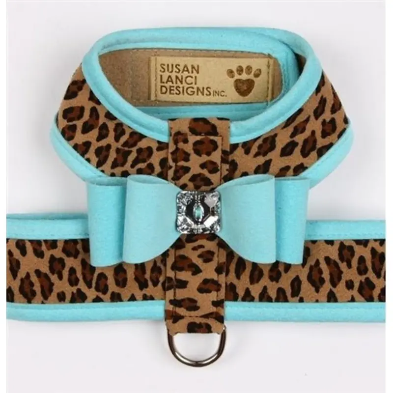 Susan Lanci Two Tone Big Bow Tinkie Harness in Tiffi Blue and Cheetah