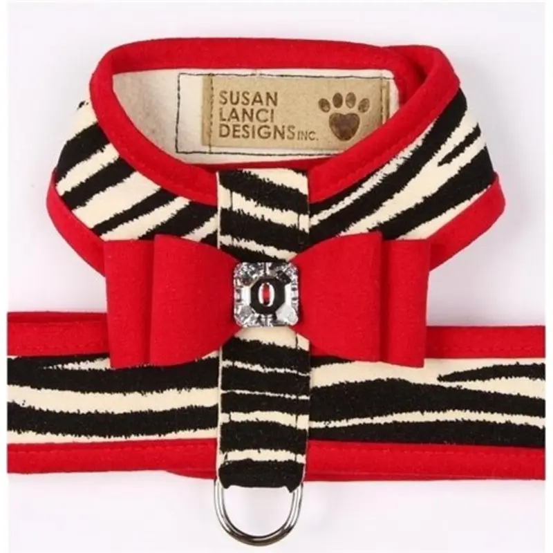 Susan Lanci Two Tone Big Bow Tinkie Harness in Zebra with Red Trim