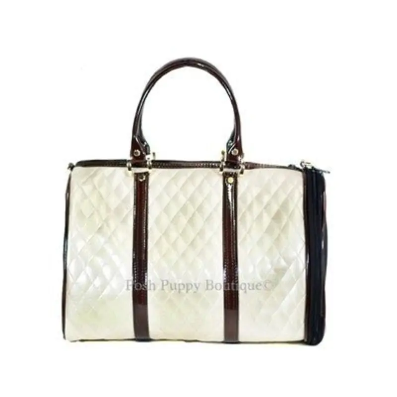 Duffel Tote Carrier- Ivory Quilted Luxe with Brown Shiny Trim