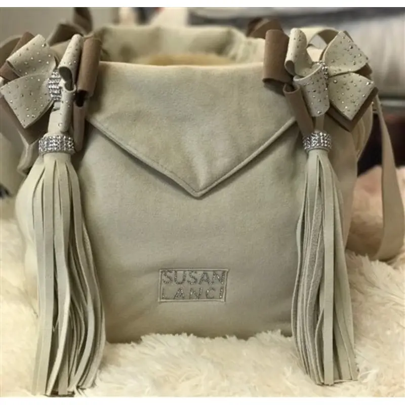 Susan Lanci Luxury Purse Carrier Collection- Ultrasuede in Doe and Fawn Nouveau Bow