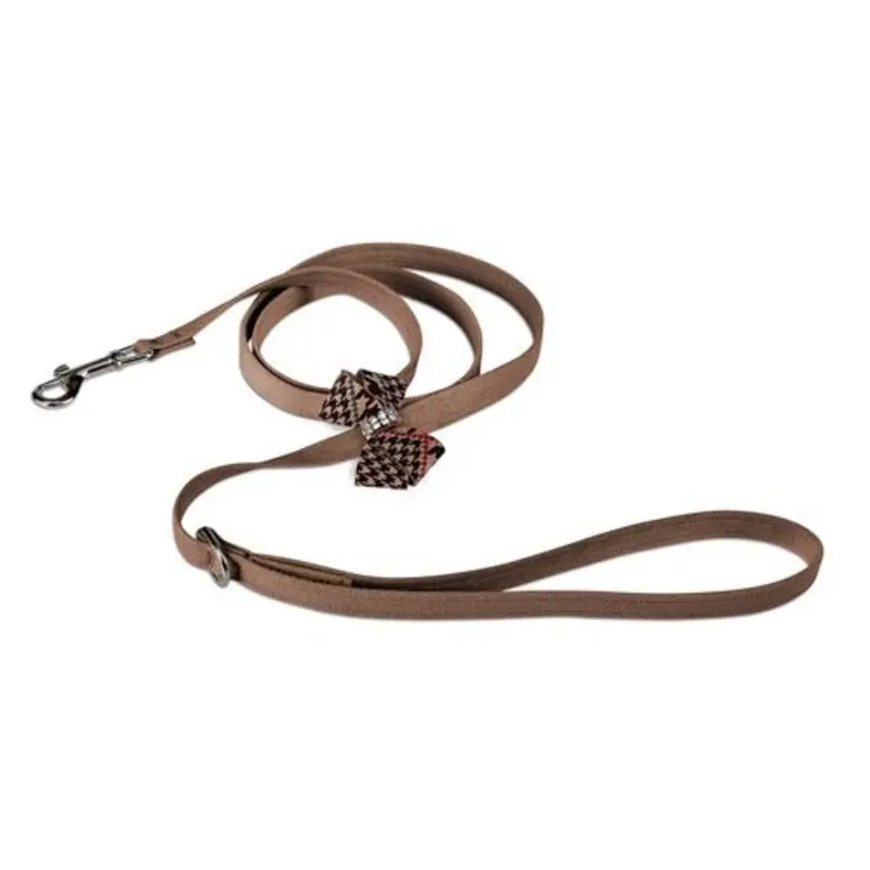 Susan Lanci Chocolate Glen Houndstooth Nouveau Bow Leash on Fawn