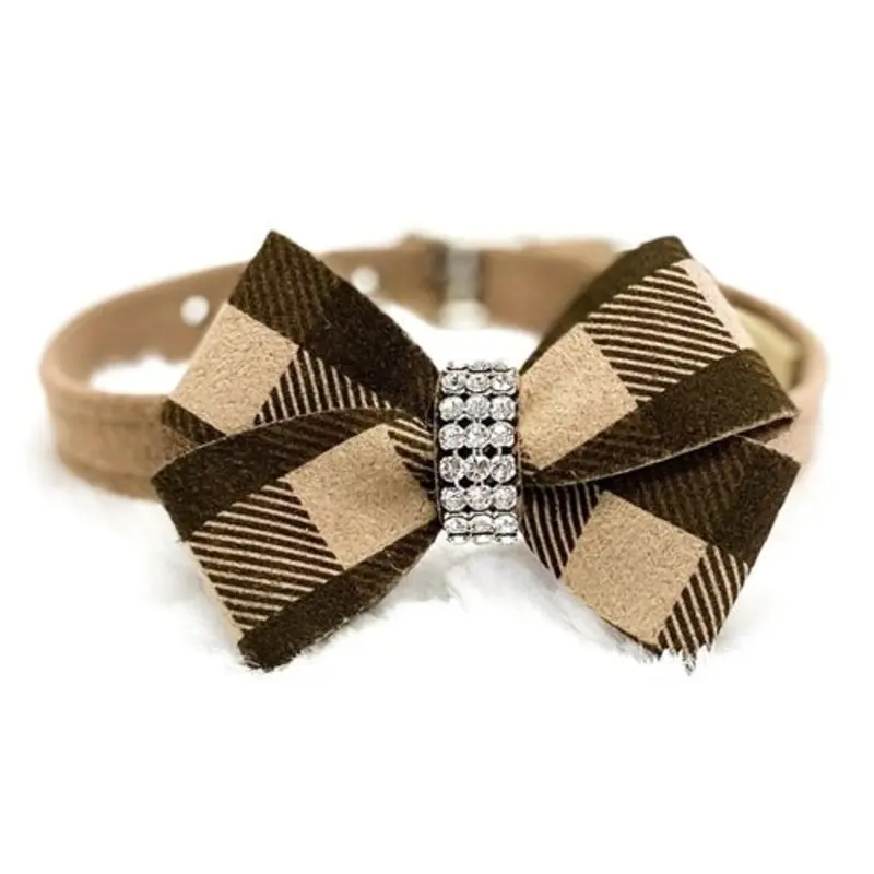 Susan Lanci Fawn Gingham Nouveau Bow Ultrasuede Collar