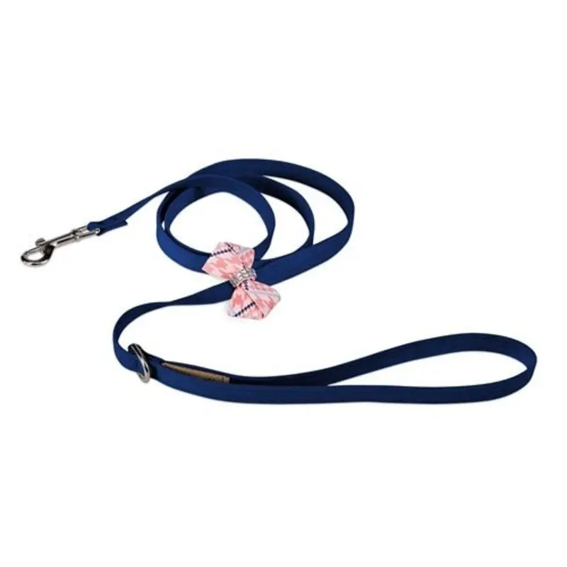Susan Lanci Peaches N Cream Glen Houndstooth Nouveau Bow Leash on Indigo